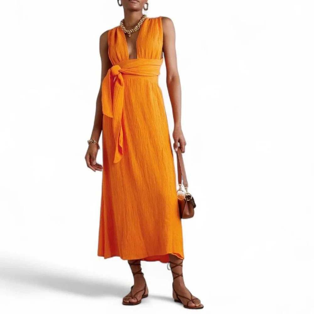 Faithfull The Brand Tropiques convertible crinkled linen-blend maxi dress orange - Picture 1 of 8